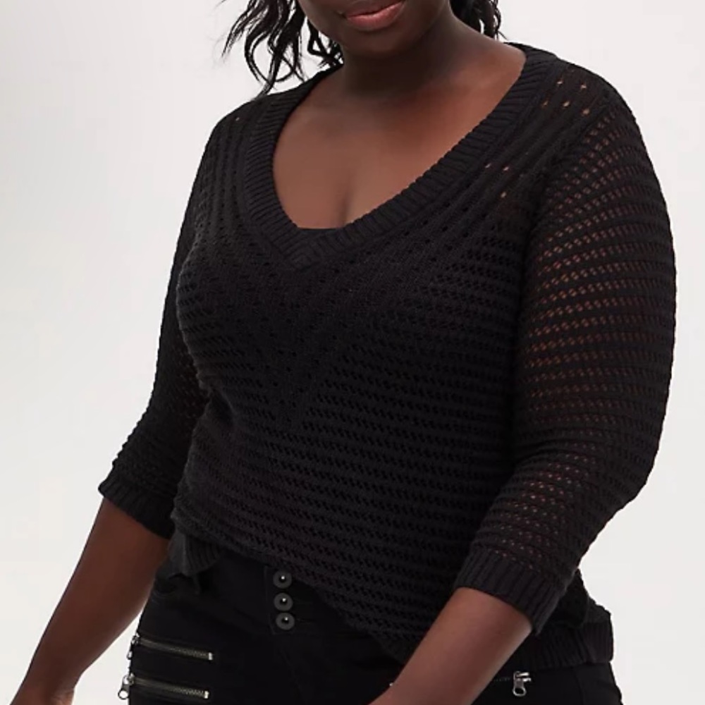 Black Open Stitch & Pointelle V-Neck Crop Pullover Sweater